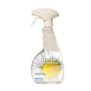 Stella ytdesinfektion genomskinlig flaska med blomma i vit och gul färg